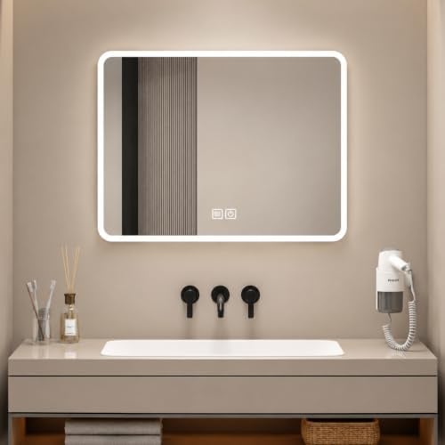 Bayt Badspiegel mit Beleuchtung 58x46 cm, dimmbar, beschlagfrei, Gäste-WC | LED Badezimmerspiegel rechteckig, rahmenlos, 3 Lichtfarben per Touch, quer über dem Waschtisch, Wandspiegel klein