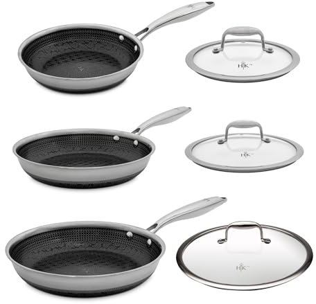 Hell's Kitchen Hybrid Fry Pan, Tri-Clad Stainless and Nonstick Ceramic PFAS Free, no PFOA, no PTFE, no Teflon, Non Toxic Cookware, Metal Utensil Safe, All Cooktops, Oven Safe (6 Piece Set with Lids)