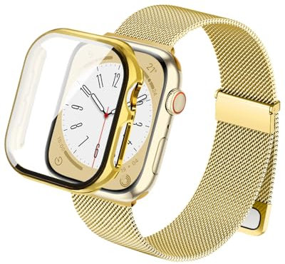 SimpleThings Compatible avec le bracelet milanais Apple Watch séries 11, 10, 9, 8, 7, 6, 5, 4 SE Ultra avec coque de protection, boucle magnétique en métal avec coque de protection pour iWatch 49/46