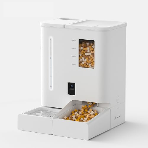 Futterautomat Katze mit Kamera, 5G / WiFi-Futterautomat, 2K HD-Video und Nachtsicht, 2-in-1-Großwasser- und Getreidespender, einfache APP-Bedienung, Futteraufbewahrungsbehälter für Hunde