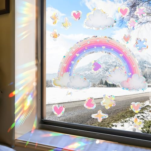 Amabro Rainbow Cloud Window Stickers, 6PCS Non-Adhesive Suncatchers Stickers Prism Vinyl Decals Anti Collision Window Clings for Birds for Home Decor Window Film Glass Panels (Pink)
