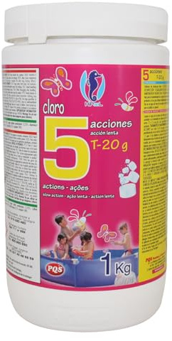 PQS - Cloro 5 Acciones HiPool - Pastillas de Cloro Piscinas 20 g- Tratamiento Químico para Piscinas Pequeñas - Desinfectante, Floculante, Algicida, Estabilizador y Regulador pH - Formato 1 kg
