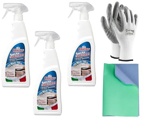 San Air Detergente Igienizzante Climatizzatori, Filtri, Componenti, Unità Esterna, Elimina Cattivi Odori, 3 X 750ml spray no gas, con 1 paio di Guanti e 1 Panno 40x30 Doppia Azione