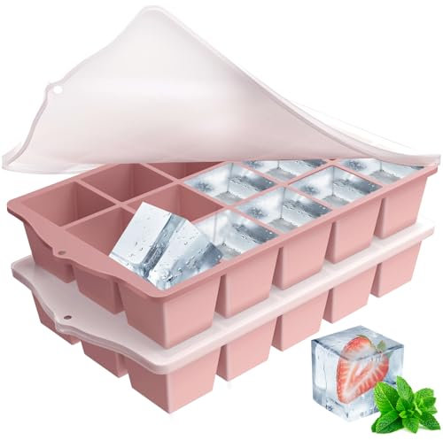 ZUIMENG Ghiaccio Stampo con Coperchio, Cubetti di Ghiaccio Stampi Silicone Senza BPA, Porta Ghiaccio per freezer Impilabile per Cocktail, Whisky, Vino, Puree di Frutta (Rosa, 2 Pezzi)