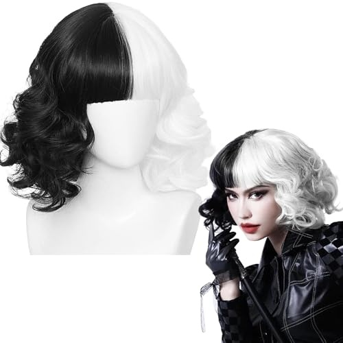 Perücke Halloween Damen,Halb Schwarz Halb Weiß Perücke Damen Kurz Lockig,Kurz Schwarz Weiß Cosplay Wigs,Bob Pony Cosplay Wigs für Karneval Mottoparty Kostüm Party