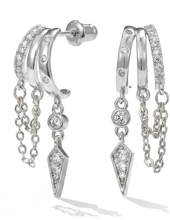 MUMREUES Silver Earrings for Women Trendy 14K White Gold Plated Dangle Earings Small Hoop Huggie Drop Stud Earrings Zirconia Simple Minimalist Dainty Chain Tassel Hypoallergenic Earring
