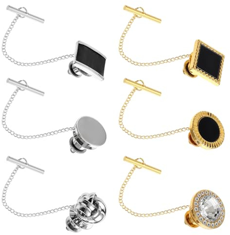 6Pcs Tie Tacks for Men Tie Pins with Chain Ties Clips Suit Accessories Tack Clutch Clasps for Regular Ties Wedding Anniversary Business Hat Birthday Party Gift