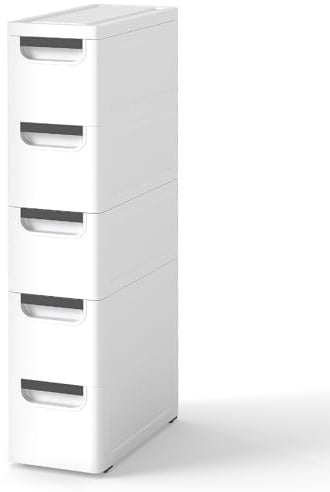 Schmaler Badezimmerschrank auf Rollen, Schmaler Badezimmerschrank mit 3/4/5 Schubladen, Mobiler Schubladenschrank, Freistehender Kompakter Schrank, Organizer für Wohnzimmer (5 Schubladen)