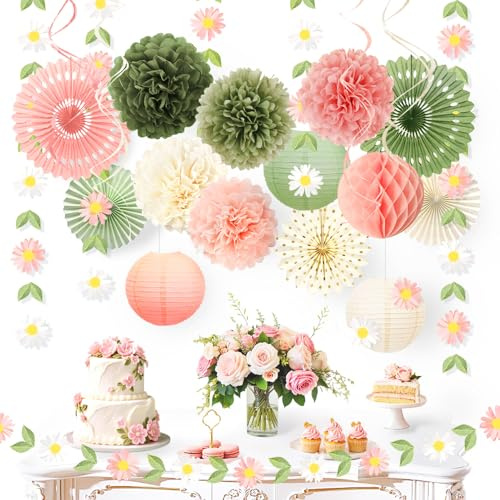 NICROHOME EUR 20 Stück Grün Rosa Hochzeitsdekoration | Salbeigrün Rosa Seidenpapier Pompoms Papierfächer Papierlaterne Papier Girlande für Geburtstags, Gartenparty Deko