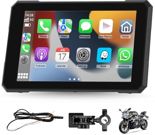 Pantalla CarPlay Moto 5, IPX67, Android Auto& Carplay, Compatible con TPMS | Soporta Bluetooth Dual, Control por Voz, Navegación GPS, Compatible con TPMS, Pantalla Táctil