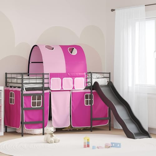 Owoxanthellate Hochbettgestell Schwarz-Pink 194x80x116 cm aus Stahl mit Spiel-Rutsche & atmungsaktiven Vorhängen Modernes Metallbett für Kinderzimmer Schlaf- und Spielbereich