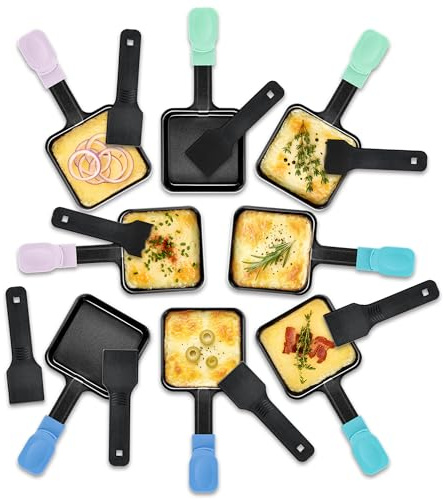 Kosmosta Lot de 8 Poêlons à Raclette Triangulaires Antiadhésifs, Série Ice Cream avec Manches Colorés, 8 Spatules en Nylon Incluses, Accessoires pour Appareil à Raclette et Grill de Table