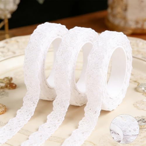 Forbabe 3 Rollen Selbstklebende Spitze, 6M Spitzenband Bordüre | Selbstklebend Vintage Spitzenborte, Dekoband für Hochzeit Geschenkbox Scrapbook DIY Handwerk (Weiß - A)