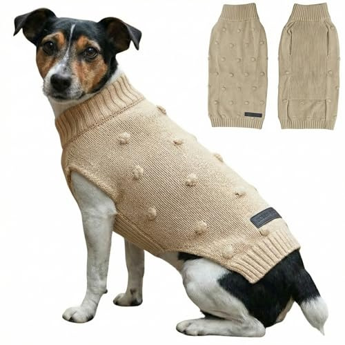 Bobby & Poppy Strick Hundepullover, Warmer Winterpullover für kleine, mittlere & große Hunde, ultrasofter Hundepulli Punktmuster Dackel Französische Bulldogge Bulldog - Beige XS DOTS Dog_BEIGE_XS