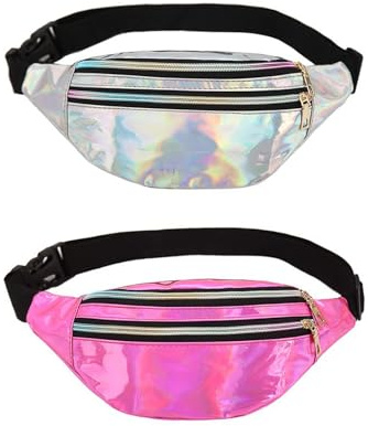 OYUUJII 2 Stück Bauchtasche Damen,Holografisch Gürteltasche aus PU Leder | Glitzer Metallic Rosa + Silber 80er & 90er Jahre Fanny Pack für Party Festival Sport Outdoor Travel für Damen und Herren
