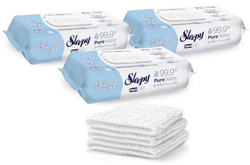 Sleepy Aqua Care 99.9% Pure Water Wipes (3 Pack), 2X Thicker Fiber Cloth, Unscented All Purpose Multi Surface Wet Wipes for Wood, Toys, Nursery, Home & Travel – No Alcohol, Parabens, Bleach or Perfume