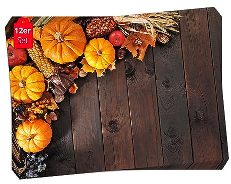 Tischsets I Platzsets Herbst Herbstdeko mit Kürbissen, Äpfeln & Mais - 12 Stück in hochwertiger Aufbewahrungsmappe