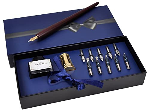 Plotube Wooden Pen Calligraphy Set - Dip Pen Gift Writing Case - Black Ink Bottle & Golden Holder & 11 Nibs and Beginner's Manual