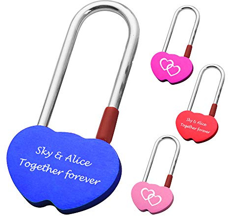 Personalised Engraved Bridge Long Shackle Padlock Double Heart Shape 4 Color Lock Wedding Anniversary Birthday Mothers Day (Blue)