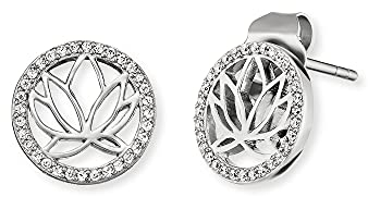 Engelsrufer Damen-Ohrstecker mit Lotusblumen Motiv und 64 weißen Zirkonia Steinen verziert, aus Sterling Silber, Durchmesser: 1,1 cm, ERE-Lotus-ZI-ST
