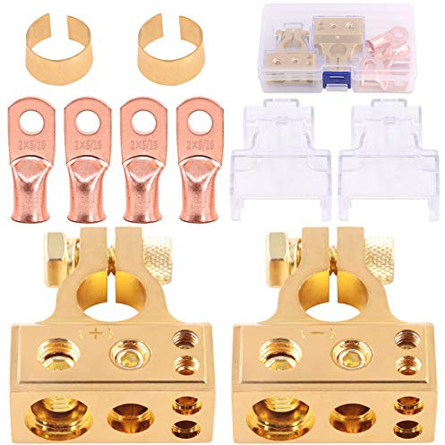 Glarks 8Pcs Gold Car Battery Terminal Connectors Kit 4Pcs Copper Wire Ring lugs and 2Pcs 0/2/4/8/10 Gauge Negative Positive Battery Terminals with Shims and Covers for Car, Vehicle, RV and Boat Use