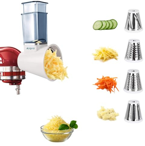 Airpro Slicer Shredder Attachment for Stand Mixer, Salad Maker, Food Slicer, Dishwasher Safe, Stainless Steel & Plastic Blades, White