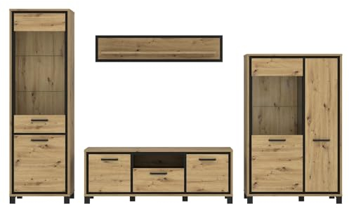 Forte Trondheim Wohnwand L 340 350, Moderne Wohnwand mit 4 Türen, 2 Glastüren, Schublade, Schrankwand, Holzwerkstoff, Artisan Eiche/Schwarzeiche Holzdekor, 344,2 cm breit x 208 cm hoch x 41,5 cm tief