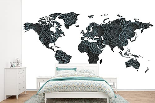 Selbstklebend Tapete Wandpapier Wandaufkleber Fototapete Tapeten Wanddeko 600x400 cm Weltkarte - Mandala - Blau - Kind - Junge - Mädchen
