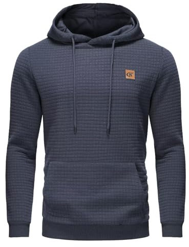 YuKaiChen Herren Kapuzenpullover Casual Langarm Karierten Kordelzug Jacquard Hooded Sweat mit Fleece Innenseite Indigo XL