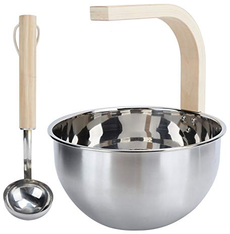 Natudeco 4L Saunafass Spa Eimer Edelstahl Saunaraumzubehör Saunaeimer mit langem Griff Schöpfkelle Set Saunazubehör