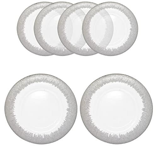 WedDecor 33cm Round Charger Plate, Set of 6 Charger Plates, for Centerpiece Presentation Dinner Plate Set, Weddings, Banquets, Christmas Parties Table Decorations, Clear Glass with Silver Trim
