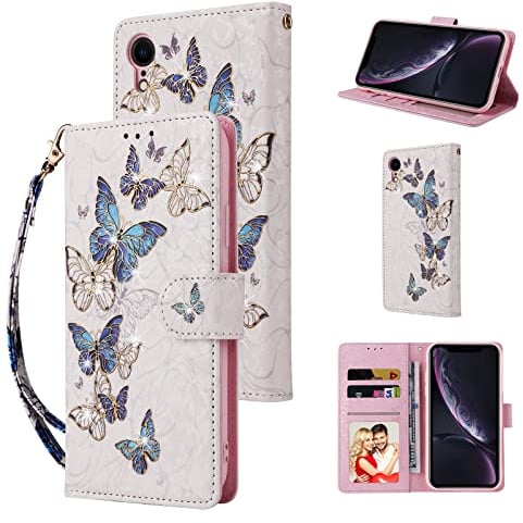 UEEBAI Wallet Case for iPhone XR, PU Leather Phone Case Kickstand RFID Blocking Flip Case with Card Slots Wrist Strap Relief Engraved Pattern Magnetic Closure Folio Case - Blue Butterfly