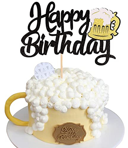 SYKYCTCY Beer Cake Topper Glitter Card Stock, 1 Pc, Black, for Beer Theme Birthday Party, Wedding, Engagement, Graduation, Celebration Shower