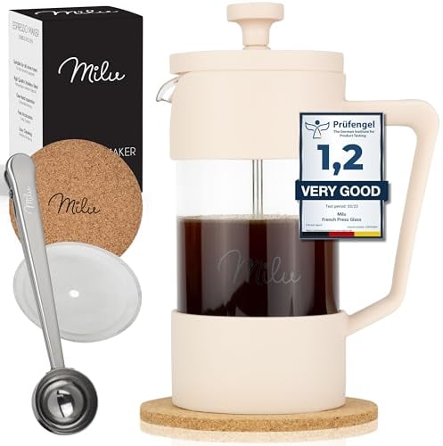 Milu French Press Kaffeebereiter | 350ml, 600ml, 1L | Glas Kaffeepresse, Kaffeezubereiter für Zuhause Reisen Camping inkl. Untersetzer, Löffel, Ersatzfilter (Beige, 350ml (2 Tassen)