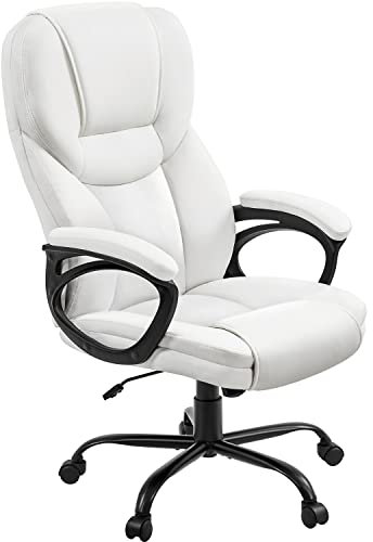 Yaheetech PU Leather High Back Office Chair Executive Ergonomic Desk Chair Swivel Computer Chair with Armrests, Adjustable Height, Home Office, White
