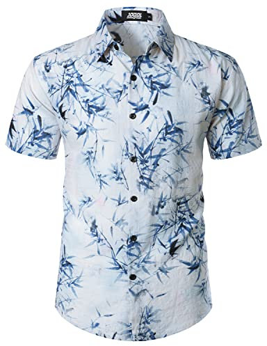 JOGAL Mens Flowers Casual Aloha Hawaiian Shirt Short Sleeve Beach Shirt BlueWhite Large