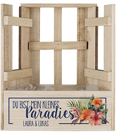 Herz & Heim® Pflanzkasten Indoor in Fenster-Form mit Individueller Gravur/Geschenkverpackung 26 cm x 29 cm x 12 cm (B/H/T) Paradies