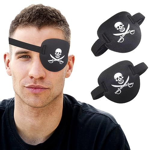 RIKEYO Lot de 2 patchs œil de pirate, patchs 3D noirs pour adultes et enfants, patch médical pour œil gauche ou droit, patch réglable pour œil paresseux, costume d'Halloween