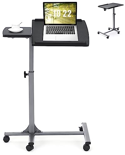SFAREST Sit-Stand Laptop Desk with Lockable Wheels, 60 x 40cm Height Adjustable Mobile Standing Table with Angle-adjustable Tabletop, C-shaped Computer Workstation for Home Office (Black)