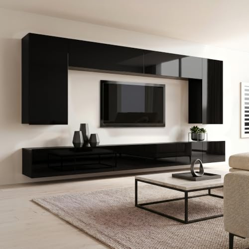 Lomadox Wohnwand Anbauwand schwarz Hochglanz 6-teilig Modern, mit 2 TV-Lowboards, 2 vertikale Hängeschränke, 2 horizontale Hängeschränke