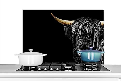 KitchenYeah© Spritzschutz Küchenrückwand Küche Deko Aluminium Platte Wandschutz Herd Spritzschutz WandverkleidungSchottisches Hochlandrind - Gold - Hörner - Fell - Tiere - Kuh - 90x60 cm
