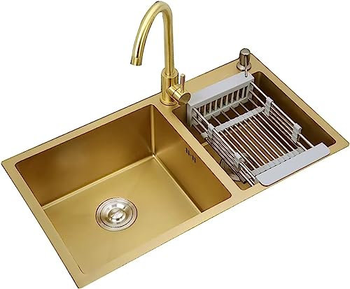 Waschbecken Küchenspüle Nano Gold Doppelwaschbecken Bar Handgefertigtes Waschbecken Großes Aufsatzwaschbecken 4,0 Mm Dicke Mit Zubehör (Farbe: Gold, Größe: 75 * 40 * 22 cm)