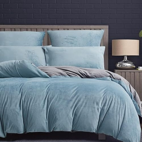 Luowei Wende Bettwäsche 135x200cm 4 Teiling Hellblau Grau Fleece Plüsch Flauschig Winterbettwäsche Fleece Warme Bettwäscheset 2 Bettbezüge 135x200cm + 2 Kissenbezüge 80x80cm mit Reißverschluss