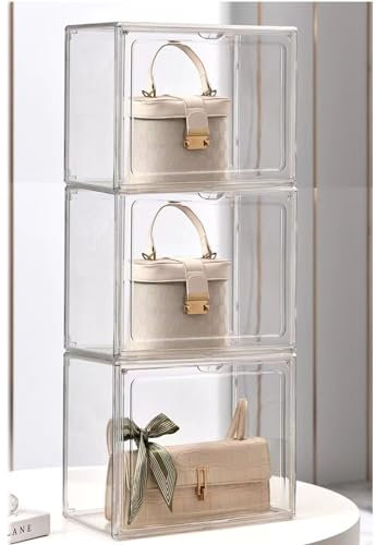 Acrylic Display Case Clear Handbag Storage Organizer for Closet, Stackable Bag Organizer with Magnetic Door for Wallet, Cosmetic, Toys (3)