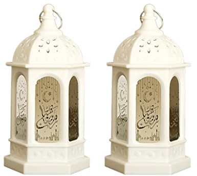Hitopin Lot de 2 lanternes de Ramadan, lanternes à bougie LED pour l'Aïd Mubarak, lampe à suspendre pour décoration de table de maison, fournitures de fête, blanc
