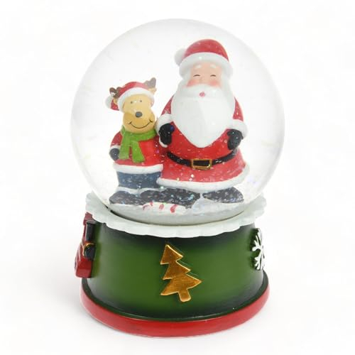 MIJOMA Festliche Schneekugel mit Weihnachtsmotiv | Zauberhafte Tischdekoration | Liebevolle Details | Handbemalt | Hergestellt aus stabilem Kunststein (10 x 10 x 14 cm, Santa & Rentier)