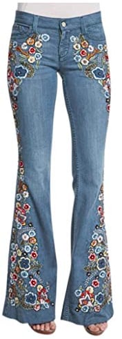 Schlaghose Damen Jeans Blumen - Jeanshosen Jacquard Denimhose Vintage Stickerei Schlagjeans Elegante Bootcut Röhrenjeans Hohe Taille Flared Pants Y2K Style Denim Freizeithose
