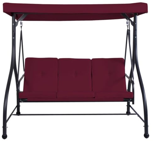 SFAREST 3 Seater Swing Chair, Hammock Bench Garden Swing Seat with Adjustable Canopy and Cushions, Outdoor Hanging Rocking Chair for Balcony Backyard Poolside (Wine Red)