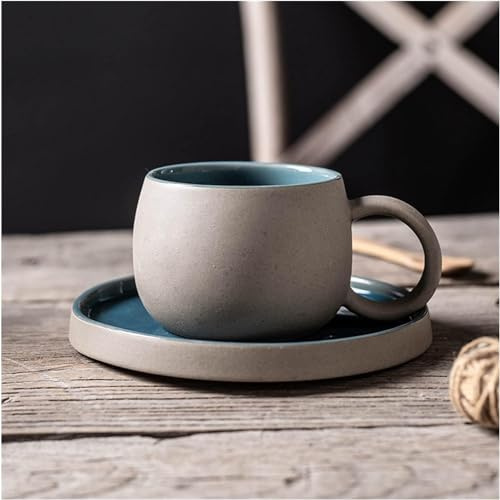 MAGICVOGEL Retro Kaffeetasse mit Untertasse aus Steingut Espressotasse 250ml dickwandige Teetasse matt Stil Keramiktasse Set für Kaffee Tee Kakao Espresso Cappuccino (Blau)