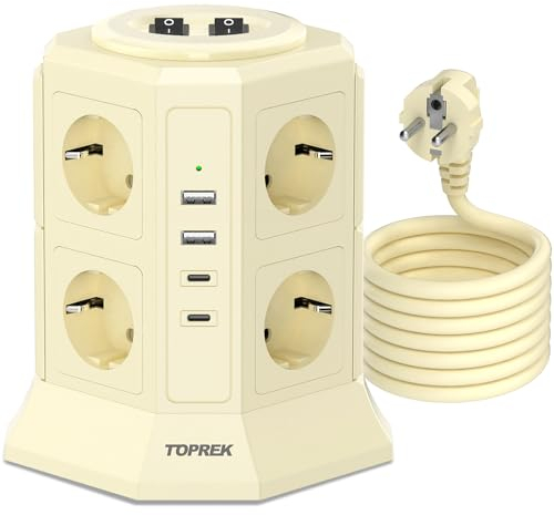 TOPREK Vertikale Steckdosenleiste mit 2 Schaltern und 8 Schuko und 2 USB C und 2 USB A, 4000 W/16 A, Steckdosenleiste mit 2 m Kabel, Gelb